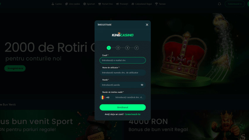 pagină de înregistrare king casino