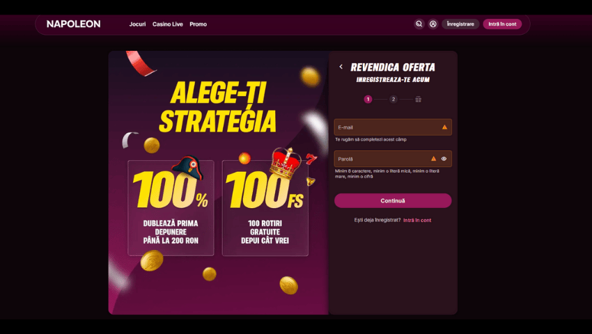 fereastra creare cont Napoleon Casino